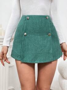 SHEIN Privé 高腰假鈕扣粗花呢裙裤 - 綠色 - 查看 1