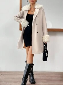 Muchica Áo khoác cổ lông thời trang mùa đông dành cho nữ - Màu be - Xem 4