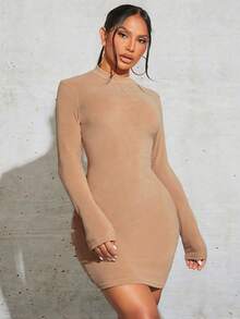 SHEIN SXY Mock Neck Bodycon Dress - Mocha Brown - View 4