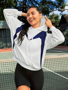 VARSITIE 女士撞色抽绳卫衣，女士网球服 - 藍白色 - 查看 4