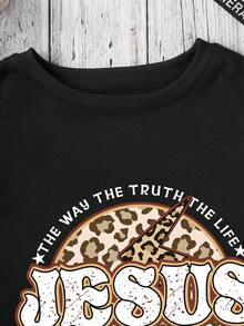 SHEIN EZwear 豹紋和標語圖案保暖套頭衫 - 黑色 - 查看 5