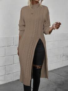 EMERY ROSE Mock Neck Split Hem Cable Knit Longline Sweater,Long Sleeve Tops Knit Pullover Fall Winter Outfit