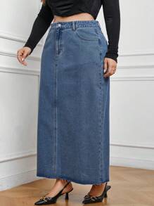 SHEIN LUNE 大碼斜口袋牛仔半身裙