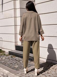 EURMUSE Plaid Print Drop Shoulder Shirt & Pants - Camel - View 2