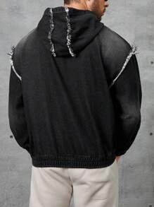 SHEIN Manfinity Homme Loose-Fit Men's Denim Jacket With Drawstring Hood And Frayed Details - Black - View 2