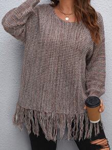 SHEIN CURVE+ 大碼段染流蘇下擺落肩袖套頭毛衣 - 彩色 - 查看 1