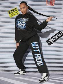 SHEIN SXY Car & Letter Graphic Drop Shoulder Drawstring Hoodie - Black - View 3