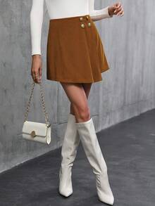 SHEIN Privé 紐扣細節圍裹裙裤 - 棕色 - 查看 6