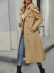 SHEIN LUNE 羊腿袖雙排釦腰帶風衣外套 - 卡其色 - 查看 4