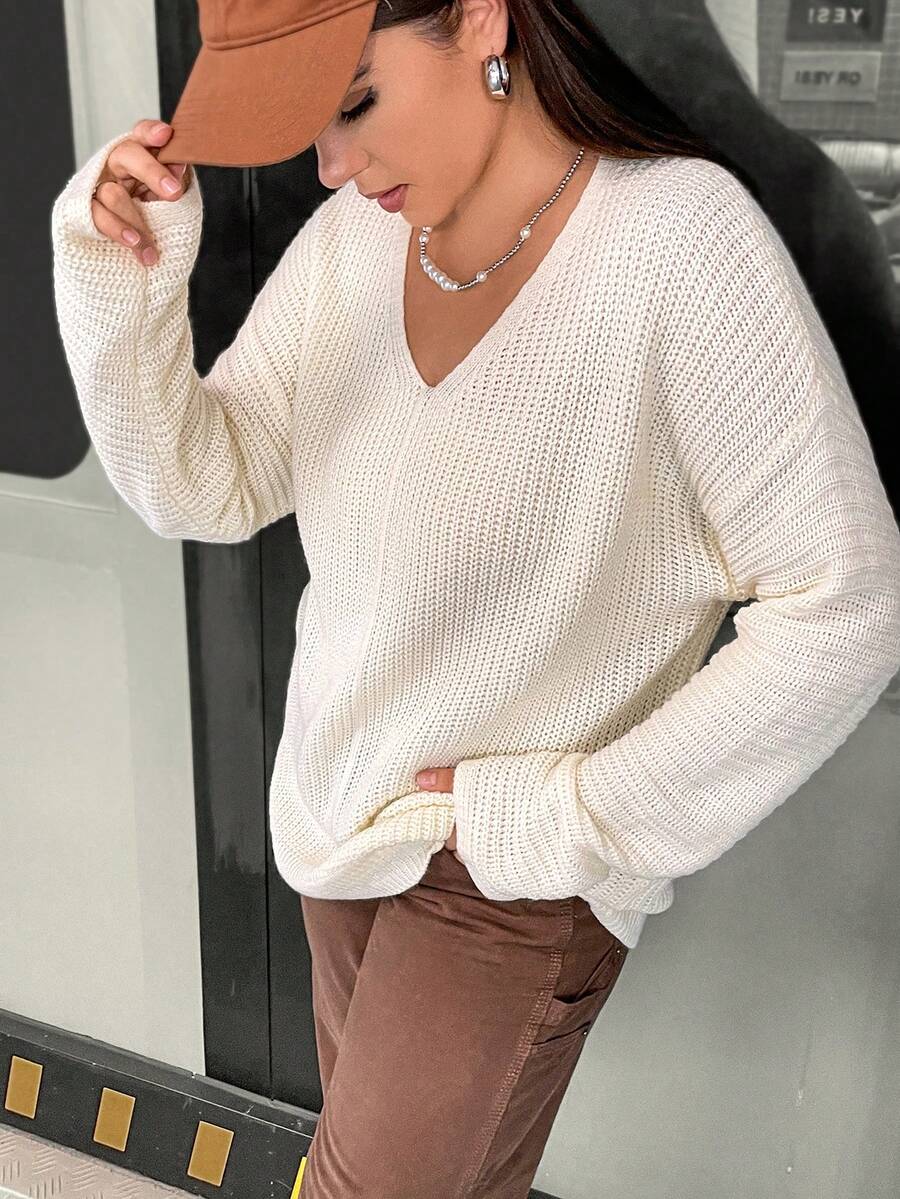 Flirla Talla grande Jersey de hombros caídos tejido de canalé - Albaricoque - Ver 1