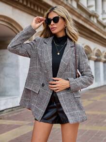 SHEIN Clasi 格紋雙排釦西裝外套 - 彩色 - 查看 4
