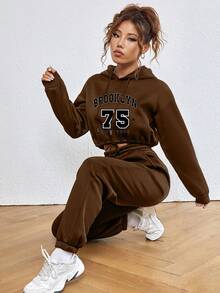 SHEIN EZwear Đồ họa Chữ cái Thả vai Dây rút Áo hoodie ngắn & Quần nỉ - Cà phê nâu - Xem 5