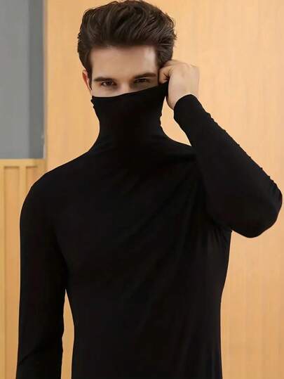Men's Solid Color Turtleneck Warm Thermal Underwear Top, Fall / Winter