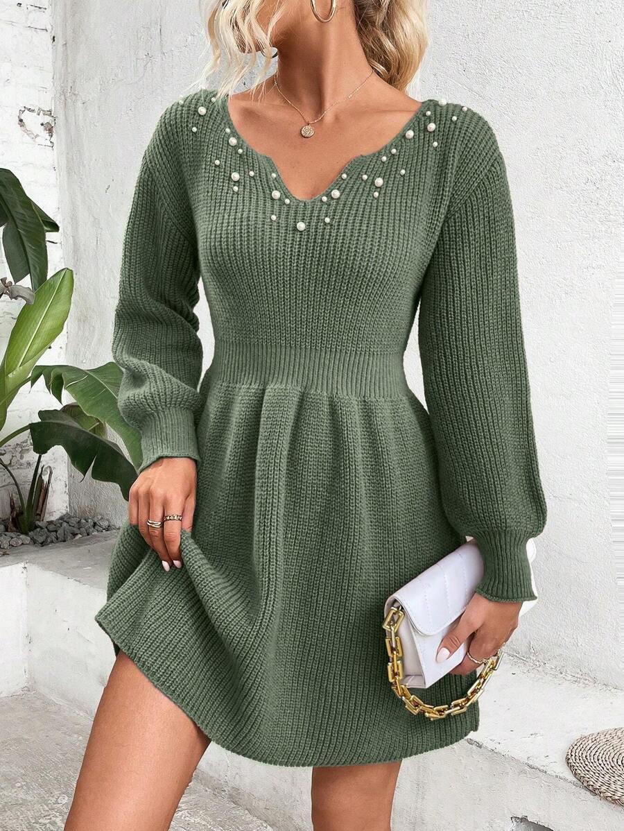 SHEIN Clasi Pearls Beaded Notched Neckline Lantern Sleeve Ribbed Knit Sweater Dress - Green - View 1