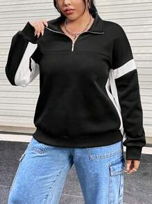 SHEIN EZwear Plus Sweat-shirt À Blocs De Couleurs Zippé Épaule tombante