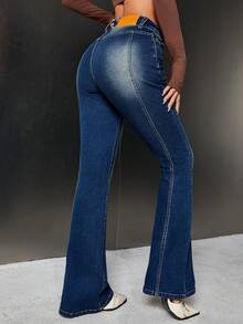 SHEIN ICON Cao eo Quần ống loe - Rửa tối - Xem 2