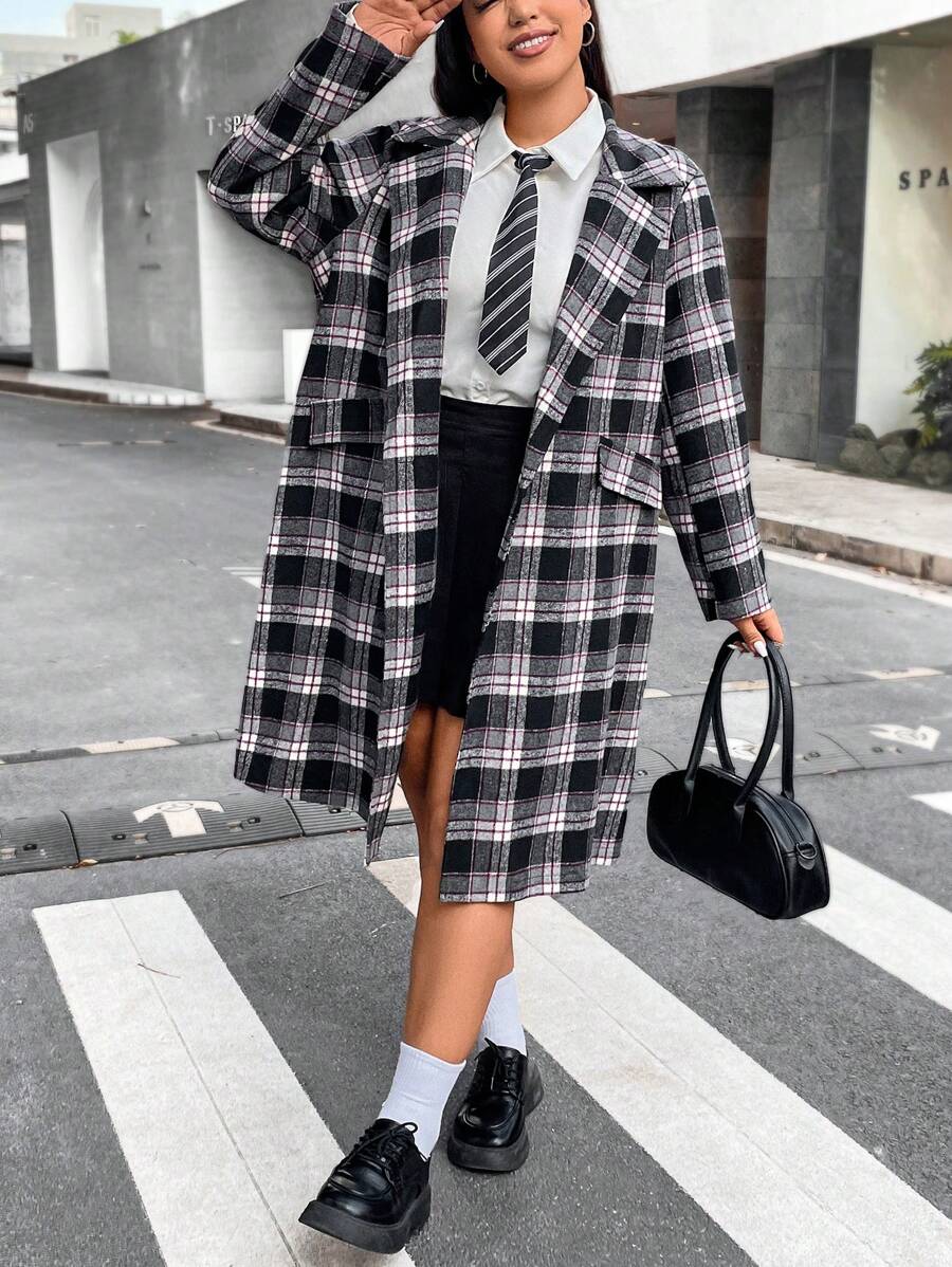 Flirla Plus Plaid Print Lapel Neck Single Button Front Overcoat Fall Cloth For Women - Multicolor - View 1
