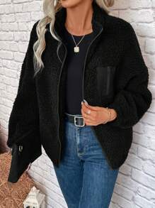 SHEIN LUNE 秋冬季拉链落肩泰迪熊外套，休闲款 - 黑色 - 查看 8