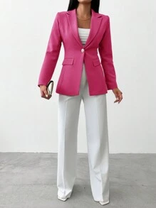 EURMUSE Lapel Neck Single Button Blazer - Hot Pink - View 3