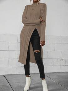 EMERY ROSE Mock Neck Split Hem Cable Knit Longline Sweater,Long Sleeve Tops Knit Pullover Fall Winter Outfit