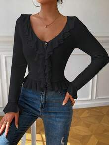 SHEIN Privé Cárdigan ribete con fruncido de manga con volante con botón delantero - Negro - Ver 5