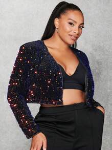 SHEIN BAE Áo khoác cỡ lớn đính sequin óng ánh, thích hợp cho tiệc đêm giao thừa. - màu đen - Xem 3