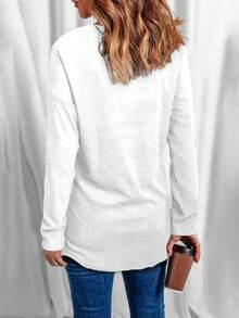 黑色v領長袖休閒女士t恤 - 白色 - 查看 2