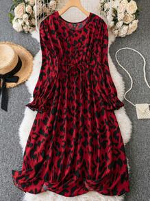 SHEIN Clasi Plus Allover Print Belted Dress - Burgundy - View 1