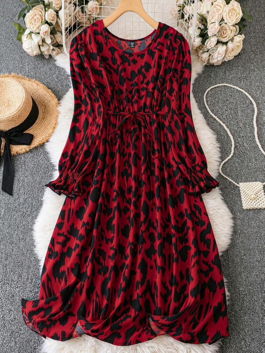 SHEIN Clasi Plus Allover Print Belted Dress - Burgundy - View 1