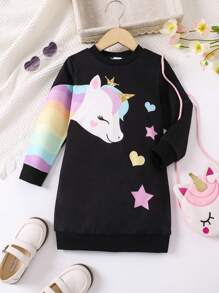 SHEIN Cô Gái Trẻ Kỳ lân in Đầm nỉ - màu đen - Xem 1