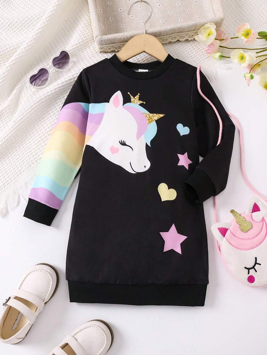SHEIN Cô Gái Trẻ Kỳ lân in Đầm nỉ - màu đen - Xem 1