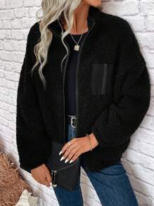 SHEIN LUNE 秋冬季拉链落肩泰迪熊外套，休闲款 - 黑色 - 查看 7