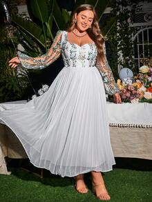 Simplee Plus Floral Embroidery Mesh Overlay Sweetheart Neck Lantern Sleeve Prom Dress - White - View 5