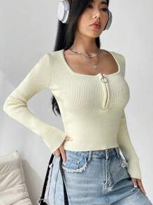 SHEIN Unity 半拉鏈大圓領條紋針織套頭毛衣 - 米色 - 查看 4