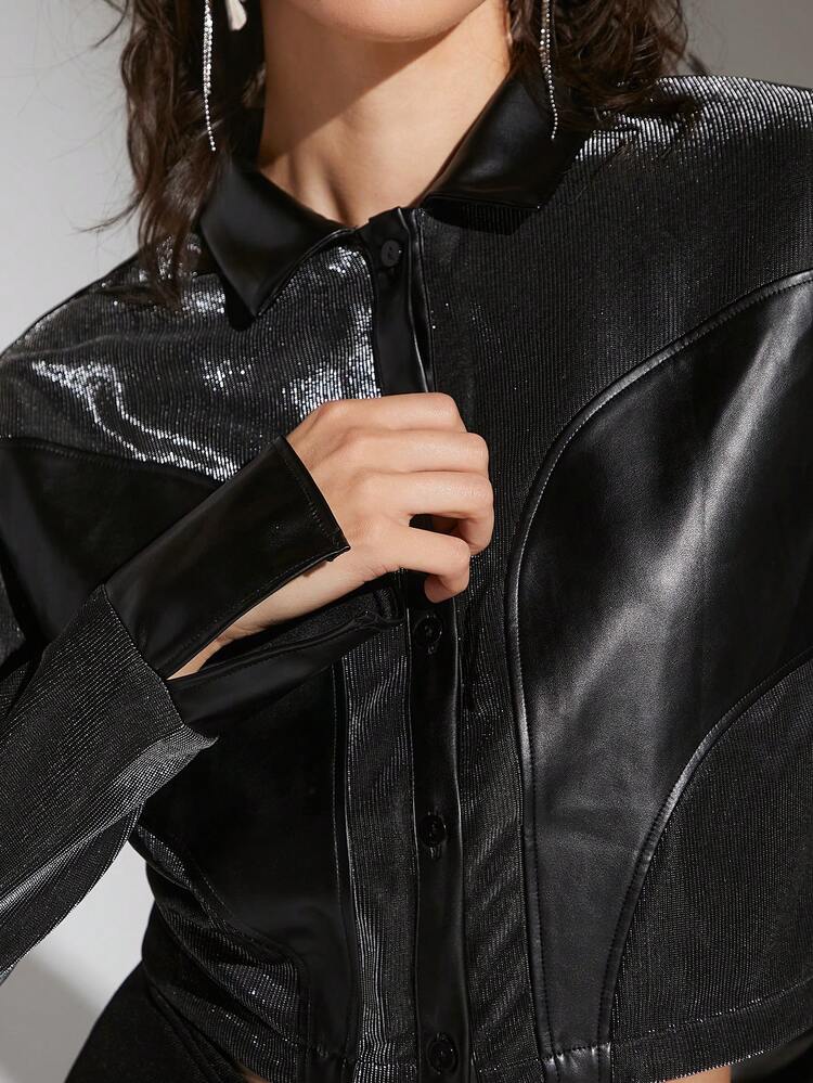 Hauture Camisa Corta Con Botones Metálicos Y Mezcla De Materiales - Negro - Ver 6
