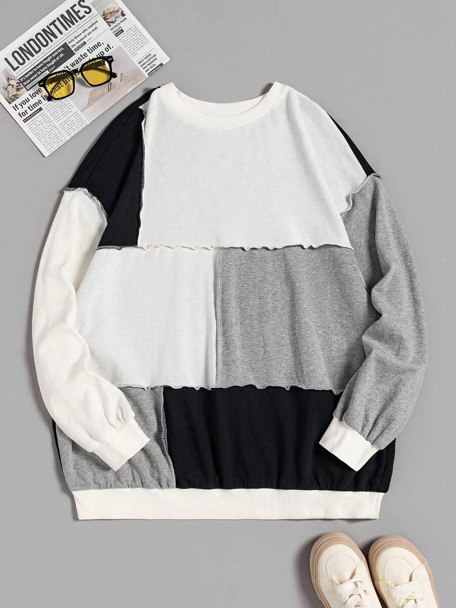 SHEIN EZwear 大碼撞色頂針落肩袖運動衫 - 彩色 - 查看 1