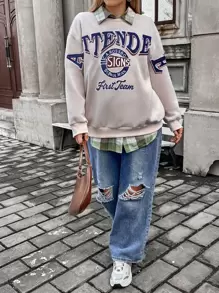 Flirla Talla grande Sudadera con estampado de letra de hombros caídos sin camisa