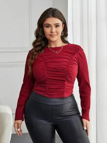 SHEIN Essnce Plus Ruched Front Tee - Red - View 4