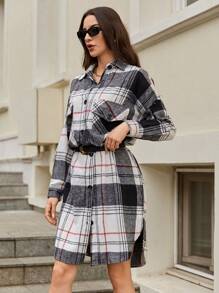 RueChic Plaid Print Drop Shoulder Shirt Dress Without Belt - Multicolor - View 5