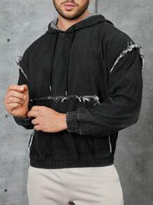 SHEIN Manfinity Homme Loose-Fit Men's Denim Jacket With Drawstring Hood And Frayed Details - Black - View 3