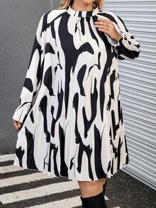 Calvaya Plus Allover Print Flounce Sleeve Dress - Black and White - View 6