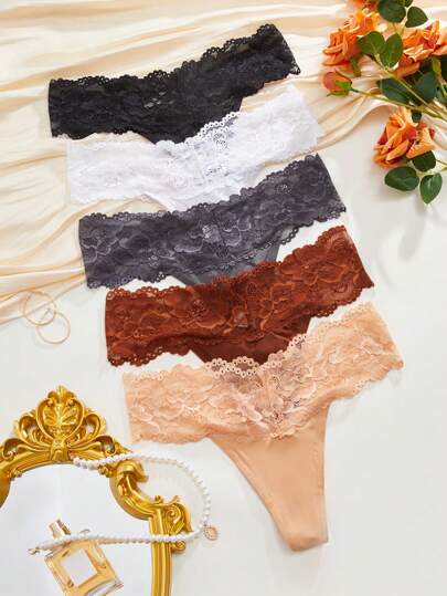 Charlaine 5条装女士性感纯色蕾丝边丁字裤