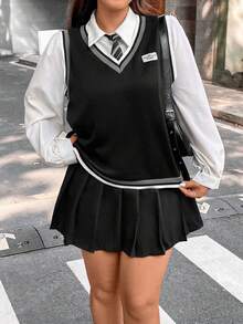 Flirla Plus 1pc Letter Patched Striped Trim Tank Top - Black - View 6