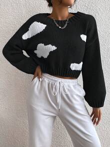SHEIN Unity 雲朵圖案落肩袖套頭毛衣 - 黑色 - 查看 3
