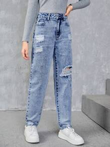 SHEIN Chica adolescente Jeans desgarro con bolsillo oblicuo - Azul lavado medio - Ver 5