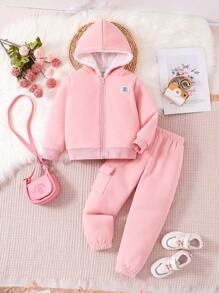 SHEIN 女小童字母補丁細節加絨內裏拉鏈連帽衫和運動褲 - 藕粉色 - 查看 8