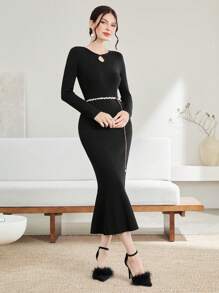 Modelyn Keyhole Neckline Mermaid Hem Sweater Dress Fall Cloth For Women - Black - View 6