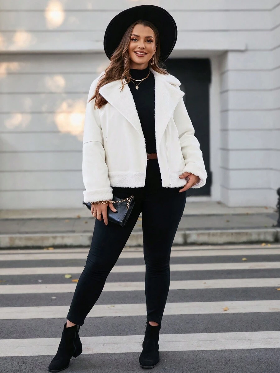 SHEIN LUNE 大碼西裝領毛絨內襯拉鏈開襟夾克