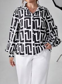 SHEIN Clasi 大碼幾何印花燈籠袖襯衫 - 黑色 - 查看 1