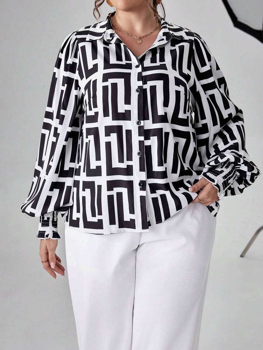 SHEIN Clasi 大碼幾何印花燈籠袖襯衫 - 黑色 - 查看 1